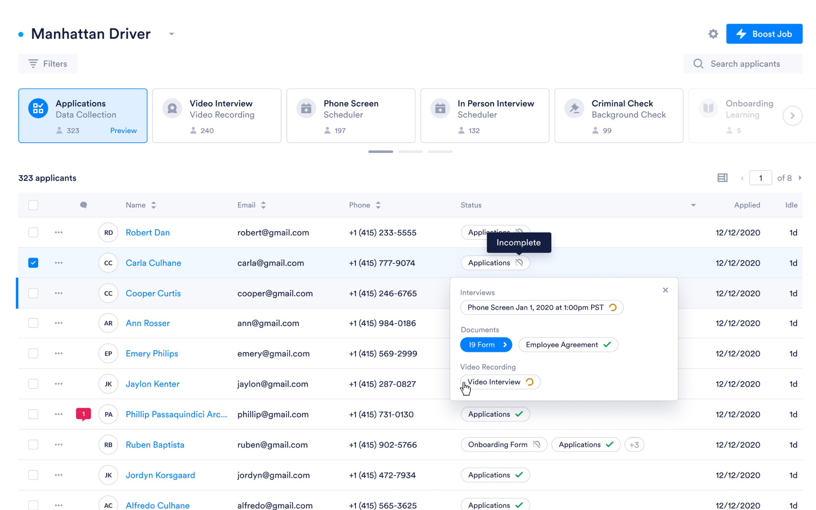 Fountain product applicant table with interview buttons