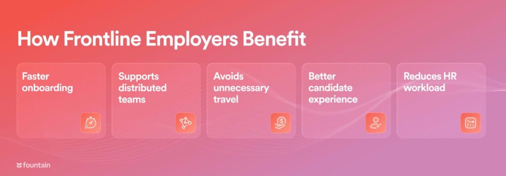 Key benefits of new process for frontline employers: faster onboarding, less travel, better candidate experience, lower HR workload